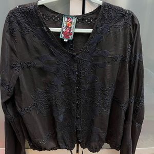 Johnny Was Black silk eyelet and embroidered jacket
